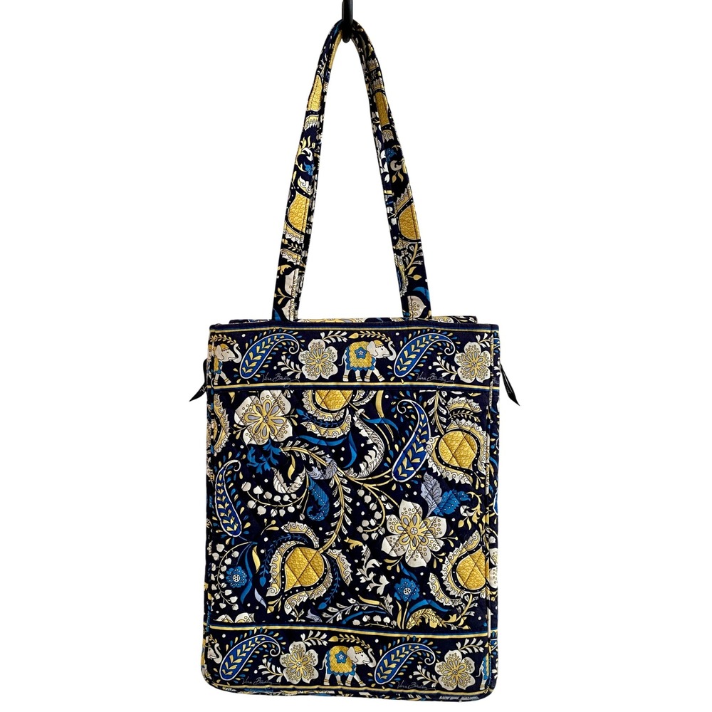 Vera Bradley Ellie Blue Quilted Laptop Tote Bag Navy Yellow Elephant Paisley